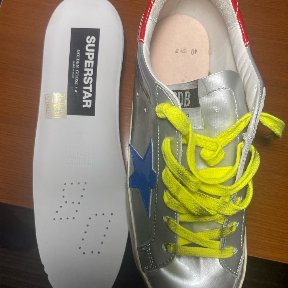 Golden Goose Silver with Blue Star and Neon Yellow Laces - Picture 9 of 9
